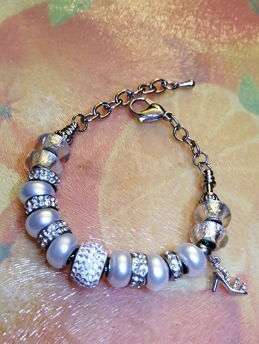 Gorgeous White Faux Pearl & Crystal Beaded Bracelet With Shoe Charm